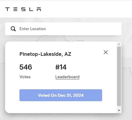 Tesla Cybertruck Supercharger voting:  Pinetop-Lakeside on list, please vote for this location!!!! 123