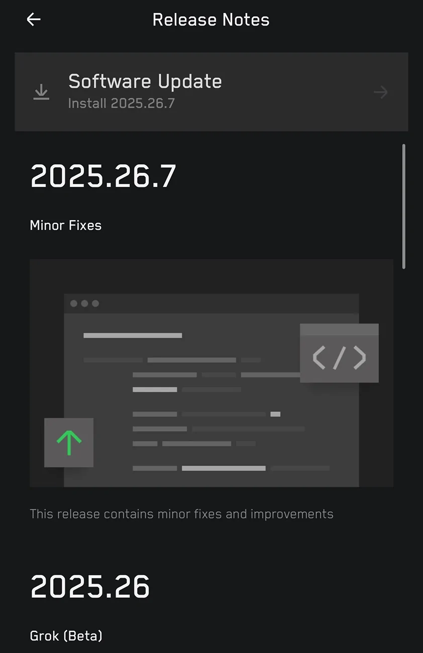 Tesla Roadster 2nd gen 2025.26.7 update available for me, minor fixes only 1755143438393-nu