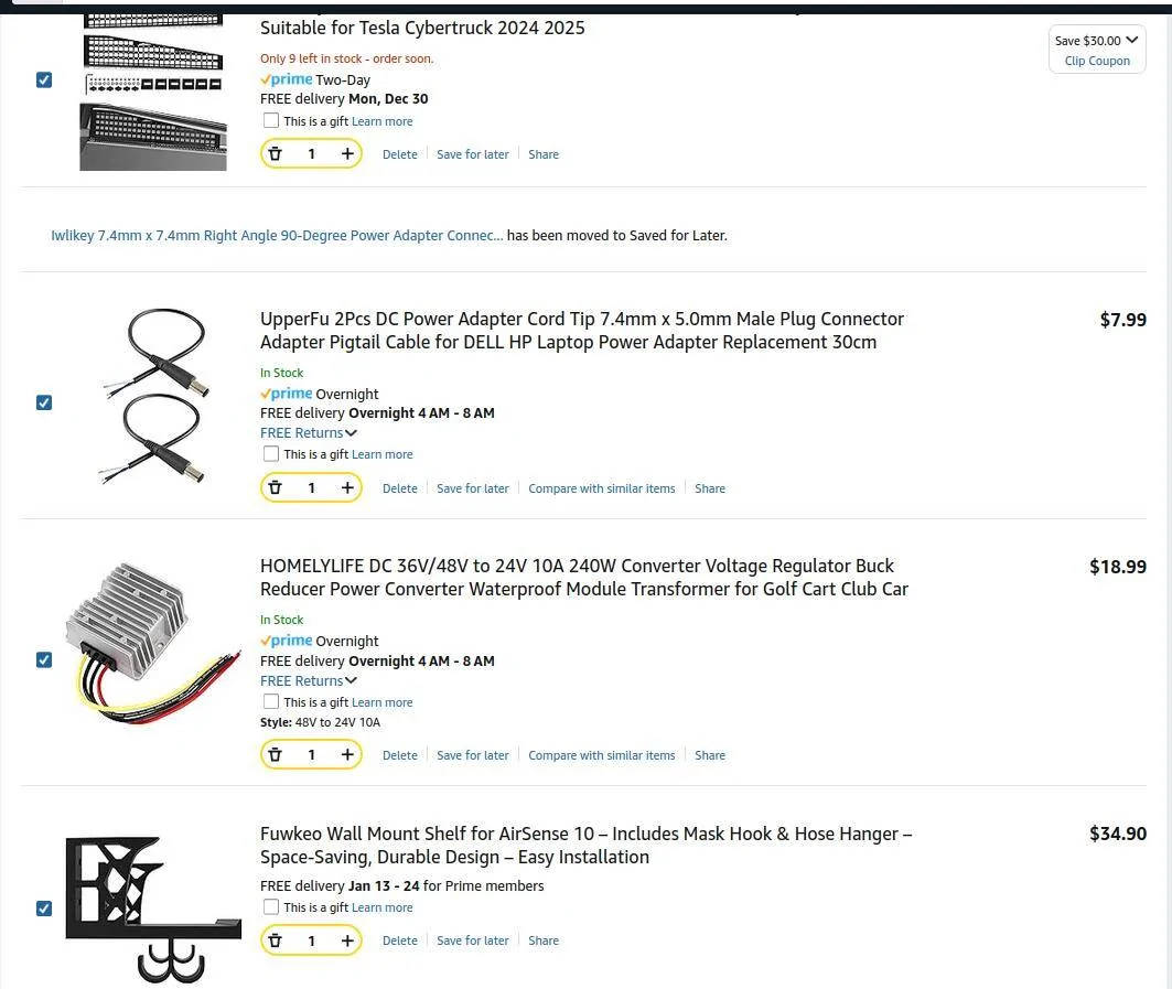 Tesla Cybertruck Camp mode with CPAP machine - roof power supply tap, 48V to 24V converter, CPAP shelf, Molle panel. CPAP_Plan