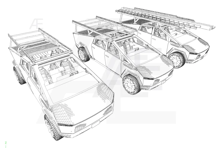 Tesla Roadster 2nd gen Cybertruck bed rack / tool rack + accessories (shovels) first look! 🧰 CT Racks Sketch 02