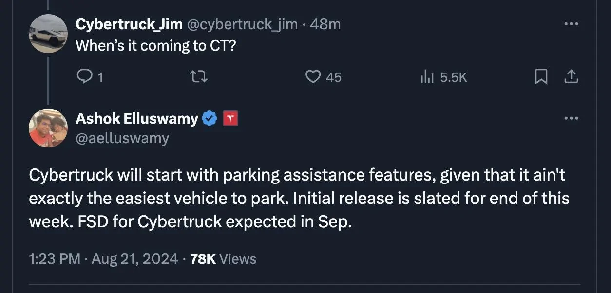 Tesla Roadster 2nd gen FSD update: September release for Cybertruck. Parking assistance features release coming this week! FSD Cybertruck