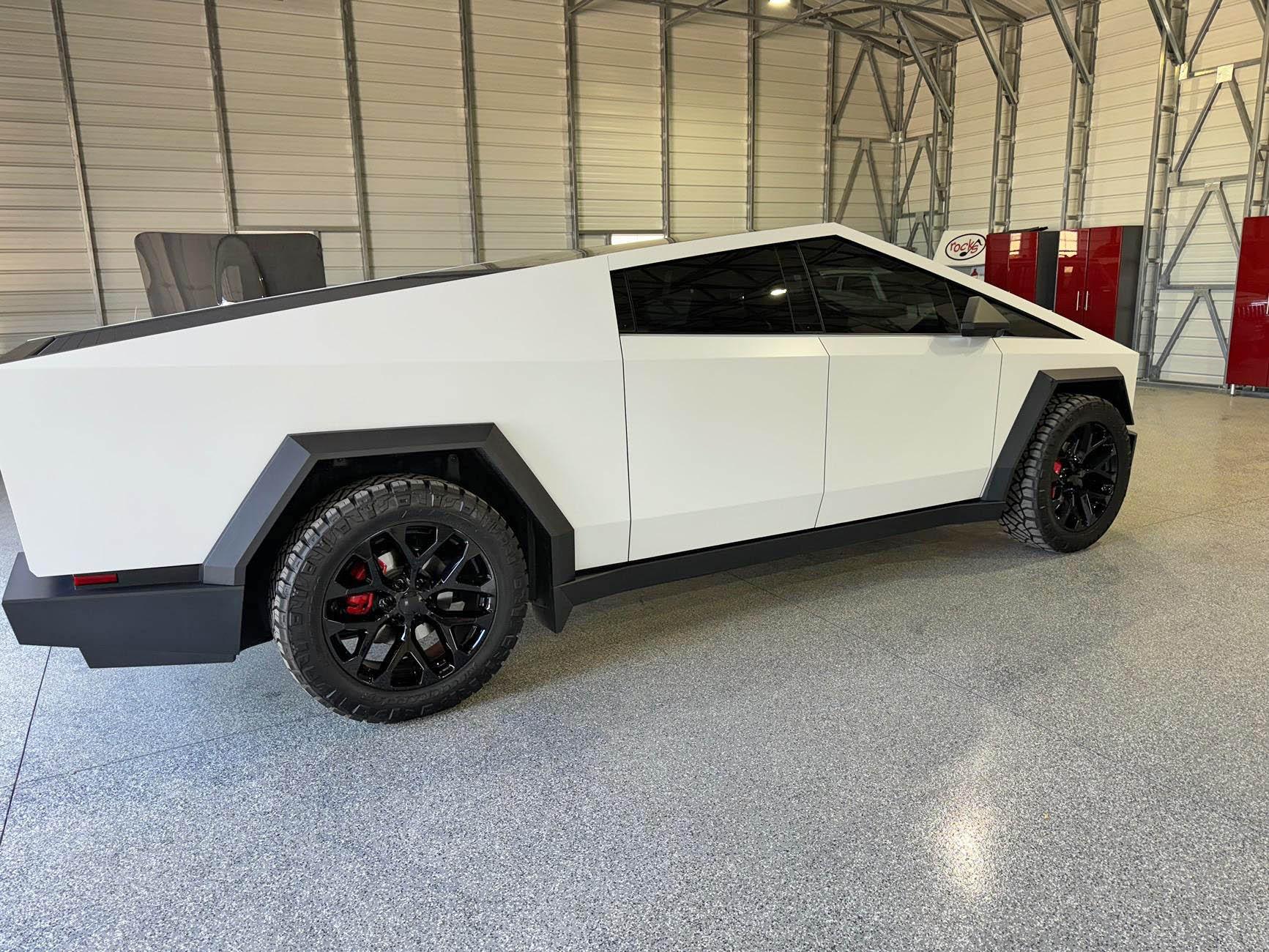 Tesla Cybertruck New Wrap (Satin White), Aftermarket Wheels, Nitto Ridge Grappler Tires, Painted Brakes Calipers w/ Cybertruck Logo IMG_0093