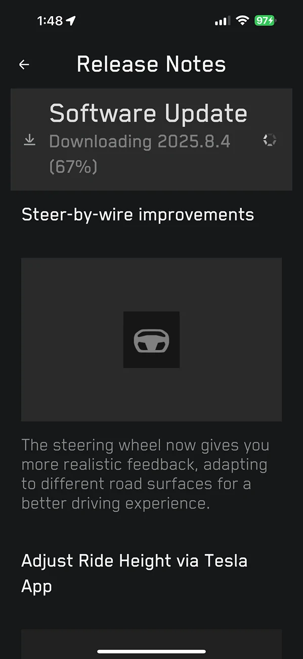 Tesla Roadster 2nd gen 2025.8.4 Update: Steer by Wire System / steering wheel gives more realistic feedback, adapting to different road surfaces IMG_1704