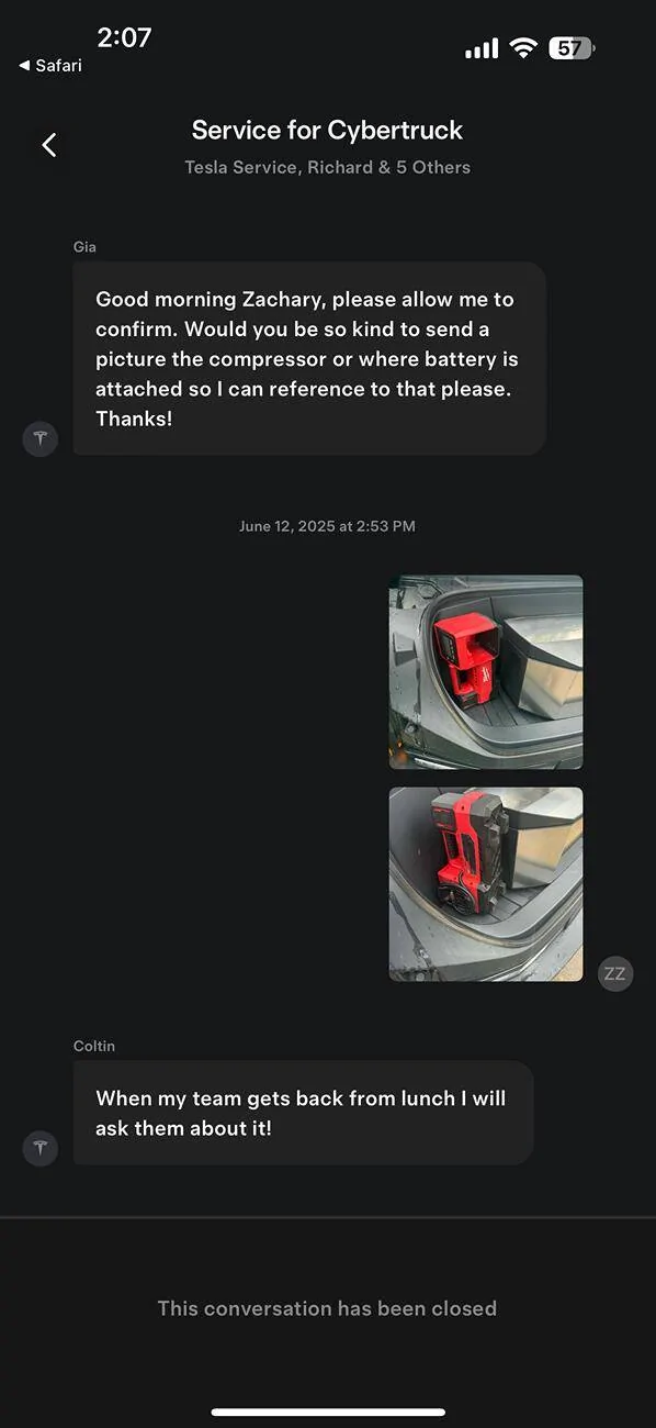 Tesla Cybertruck Service Center took my battery out of my air compressor IMG_1853