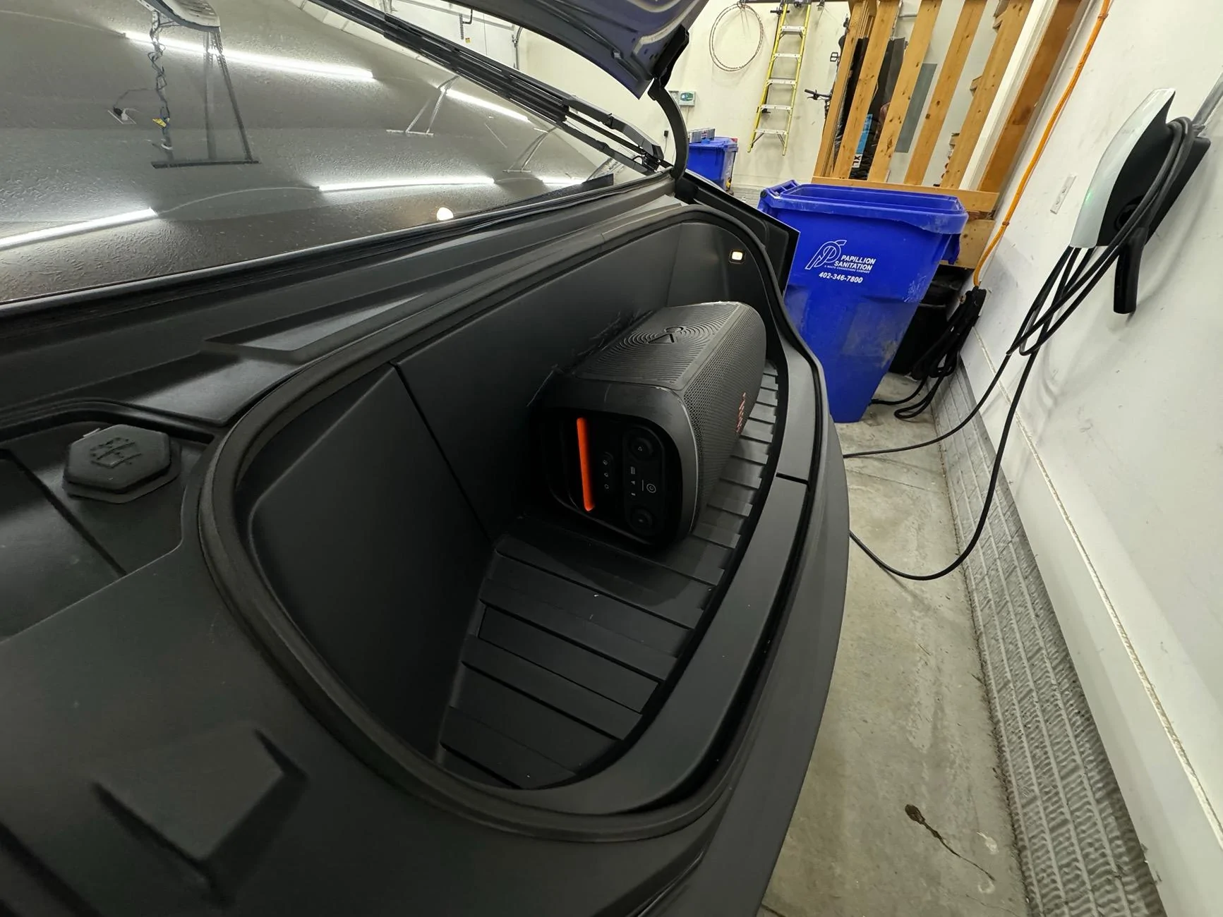 Tesla Roadster 2nd gen Party speaker in frunk -- which ones fit and can be secured with factory cargo net? IMG_3523
