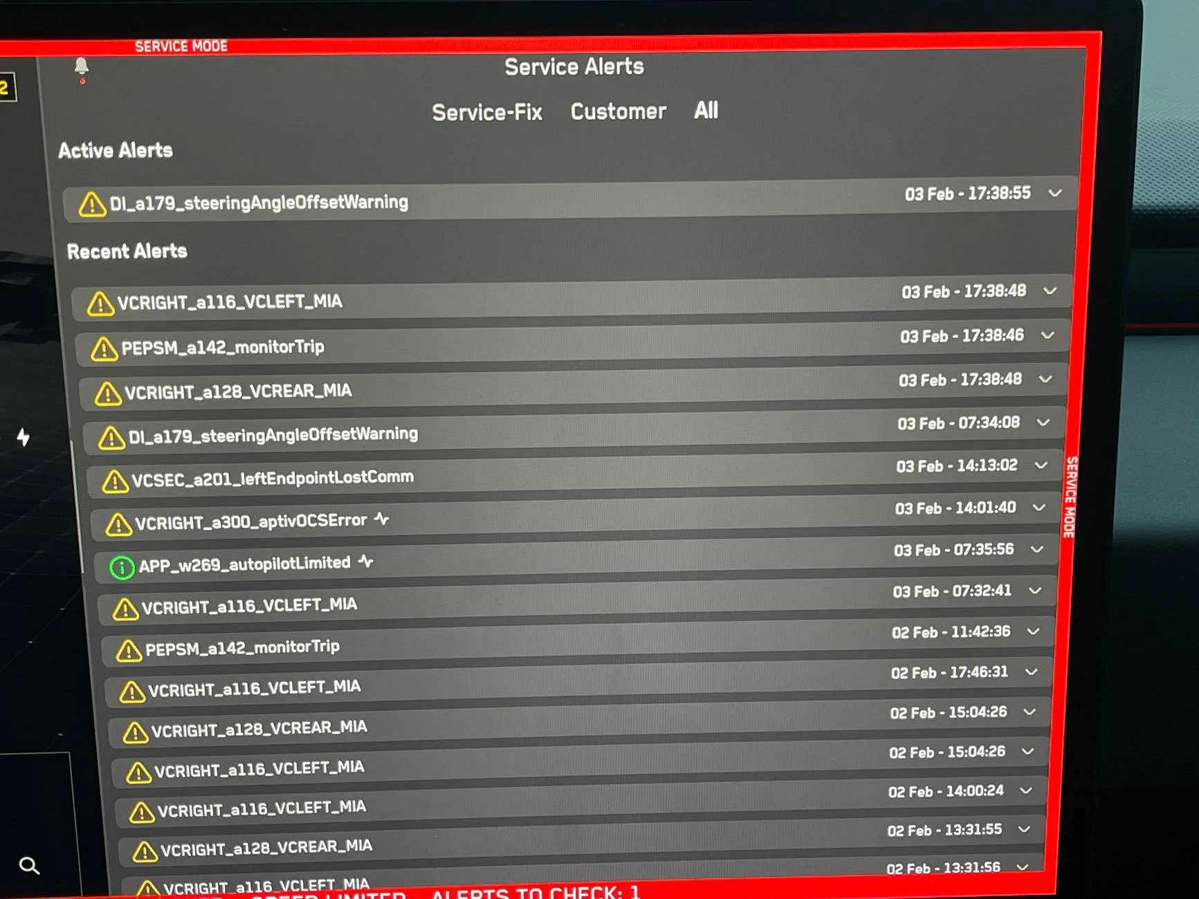 Tesla Roadster 2nd gen New Foundation Series Lots of alerts in Service Mode. Is this normal? IMG_3785