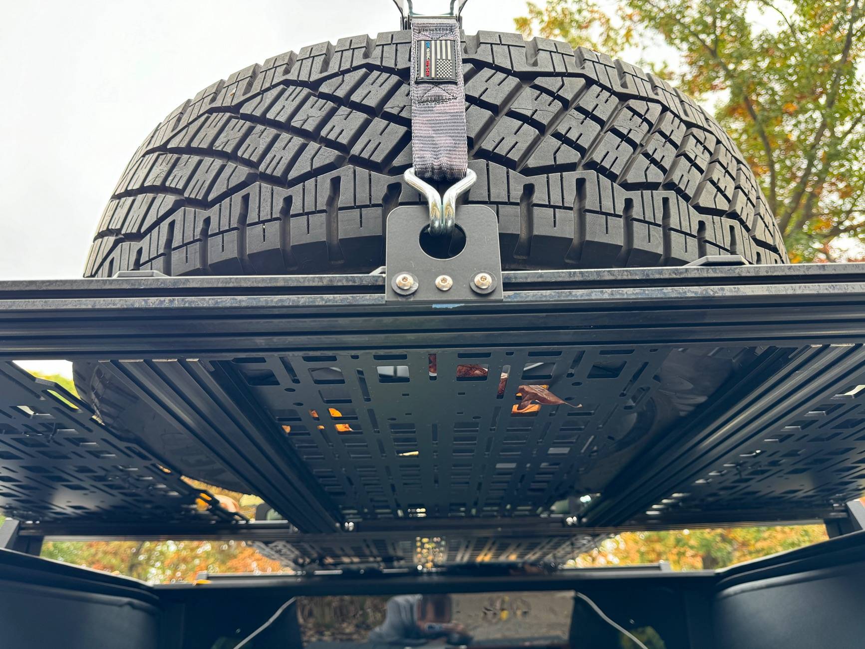 Tesla Roadster 2nd gen Customized roof rack installed with unique spare tire placement IMG_4636
