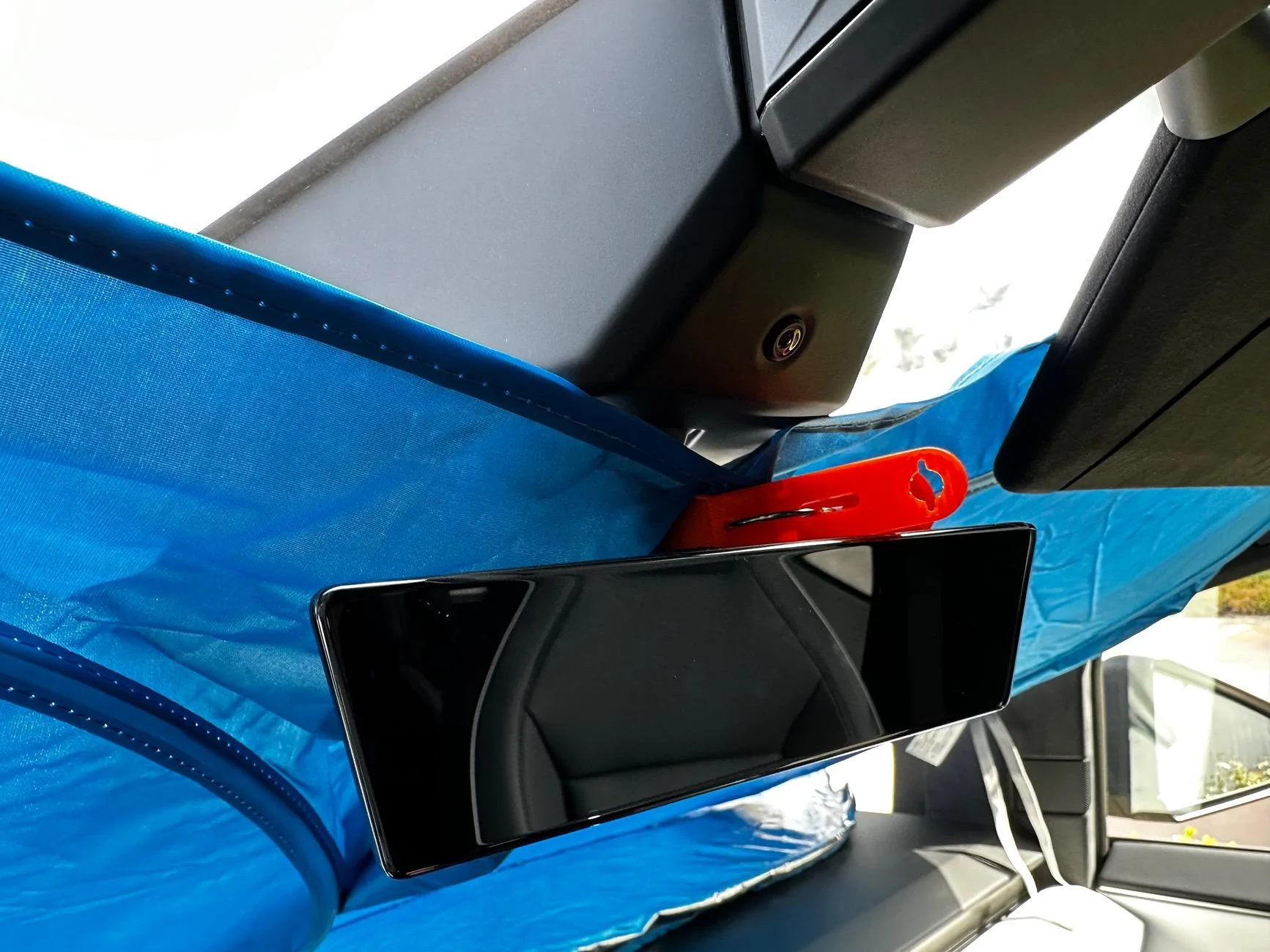 Tesla Roadster 2nd gen Temporary Sun Shade solution+Found use for Rear View Mirror IMG_4892