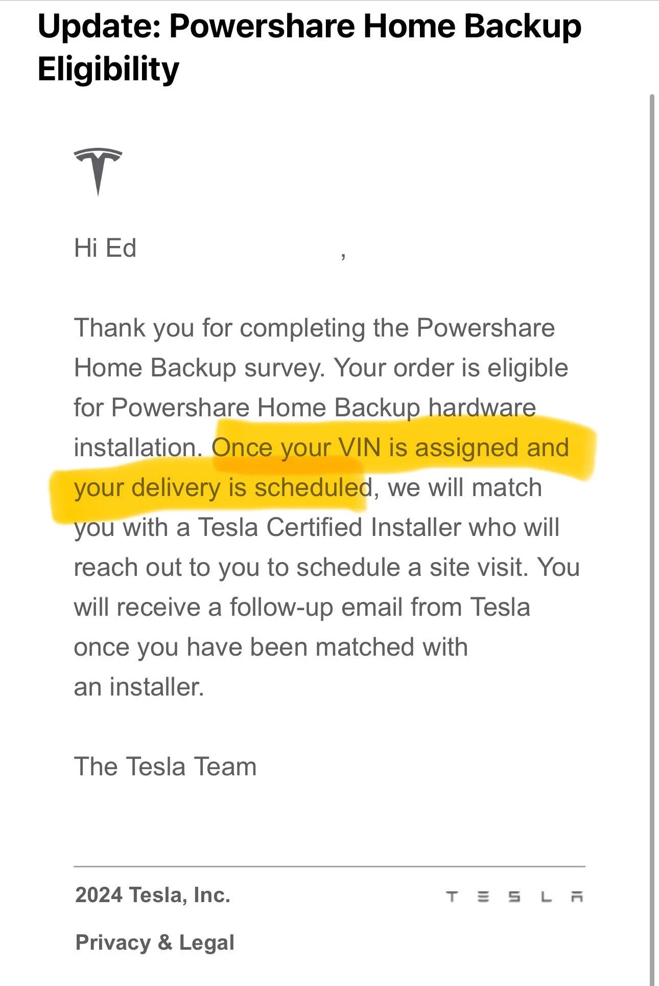 Tesla Roadster 2nd gen Powershare Home Backup eligibility email received today 1/29/24 IMG_5049