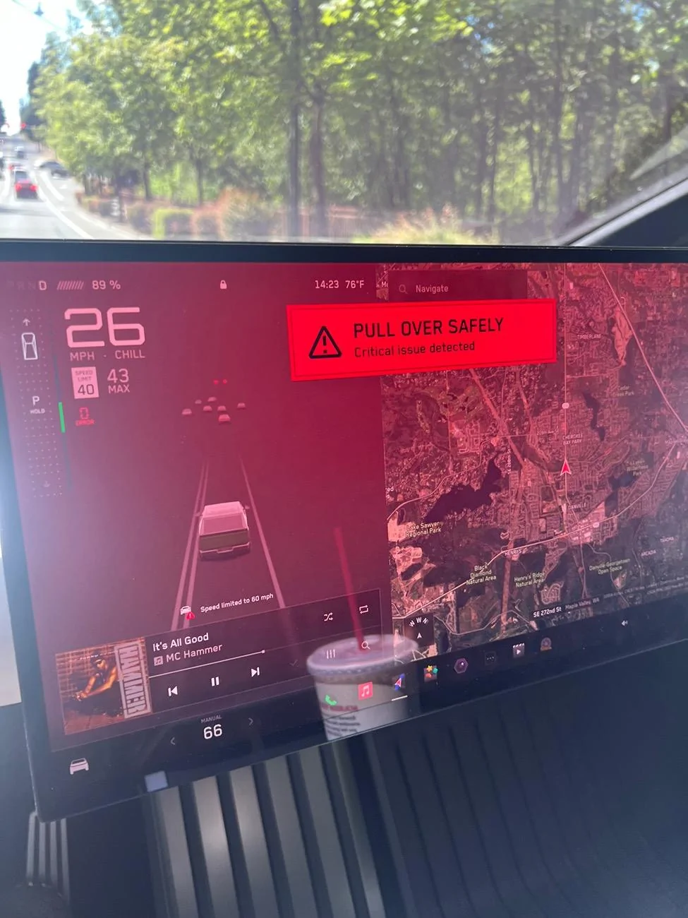 Tesla Roadster 2nd gen Cyber breakdown on freeway -- "PULL OVER SAFELY Vehicle Shutting Down" IMG_5292