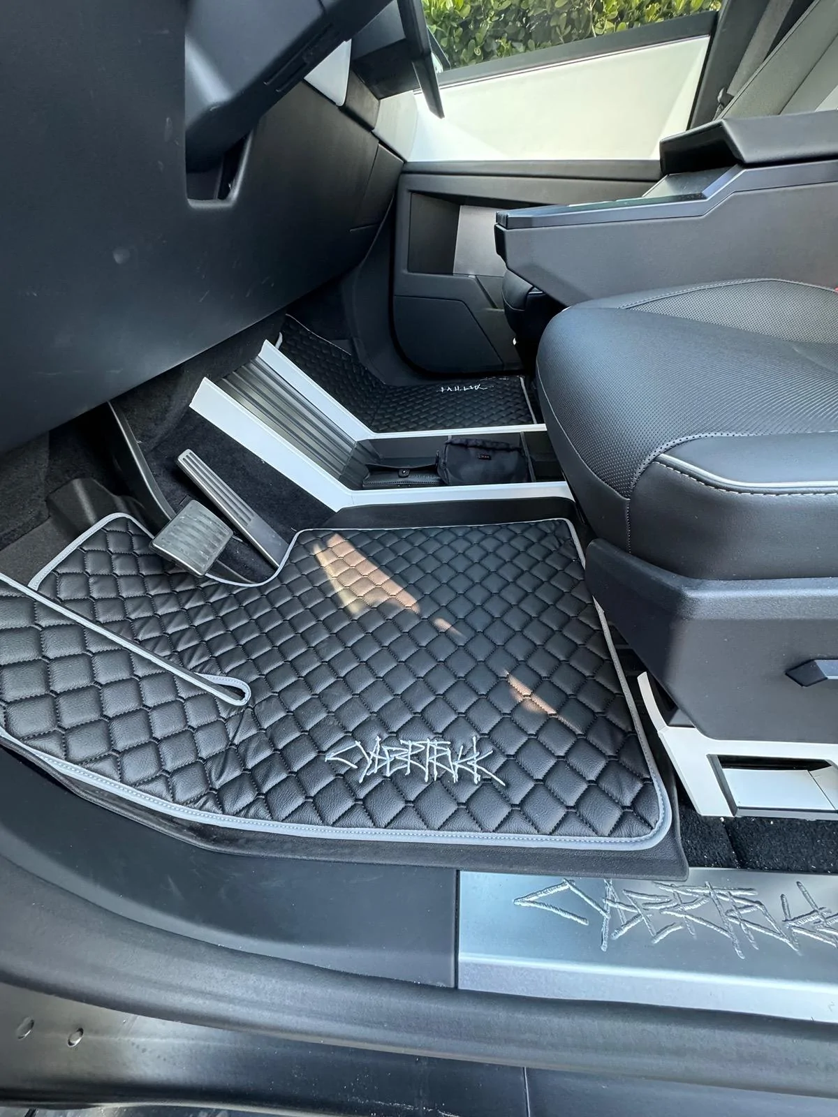 Tesla Roadster 2nd gen Custom Leather Floor Mats for Cybertruck installed IMG_6406