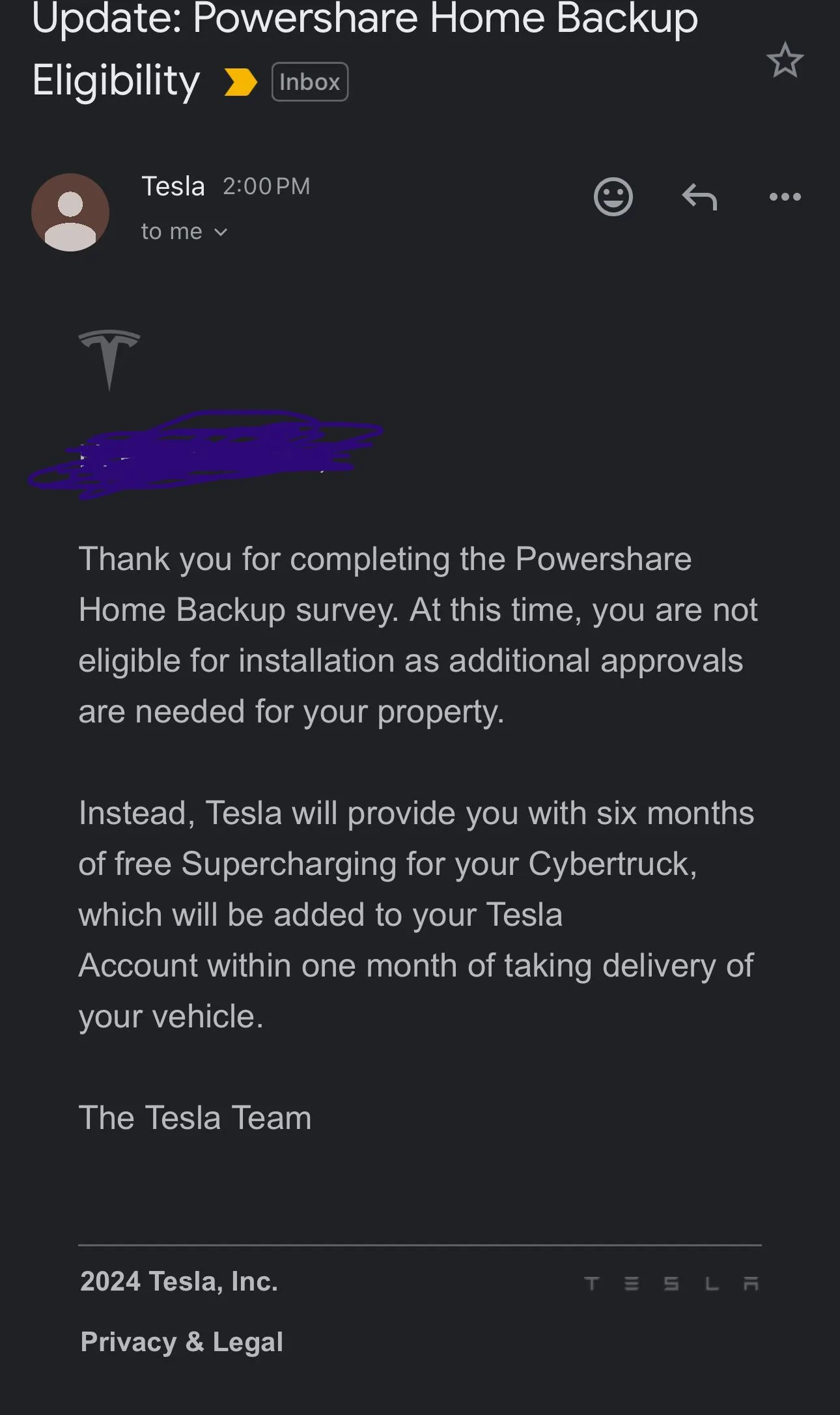 Tesla Roadster 2nd gen Powershare Home Backup eligibility email received today 1/29/24 IMG_7416