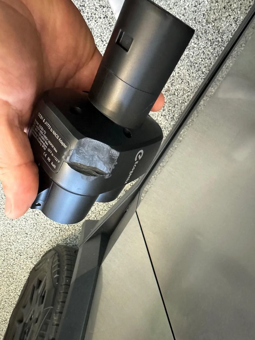 Tesla Roadster 2nd gen Update - Ecogenix Adapter (CCS1 & J1772 to Tesla Adapter) -- it fits and it works! IMG_9076