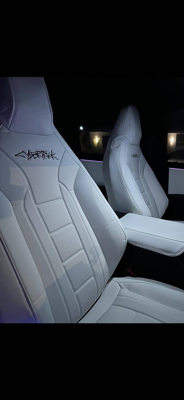 Tesla Cybertruck Aftermarket white leather seat covers from EVBASE -- installed review & photos IMG_9139
