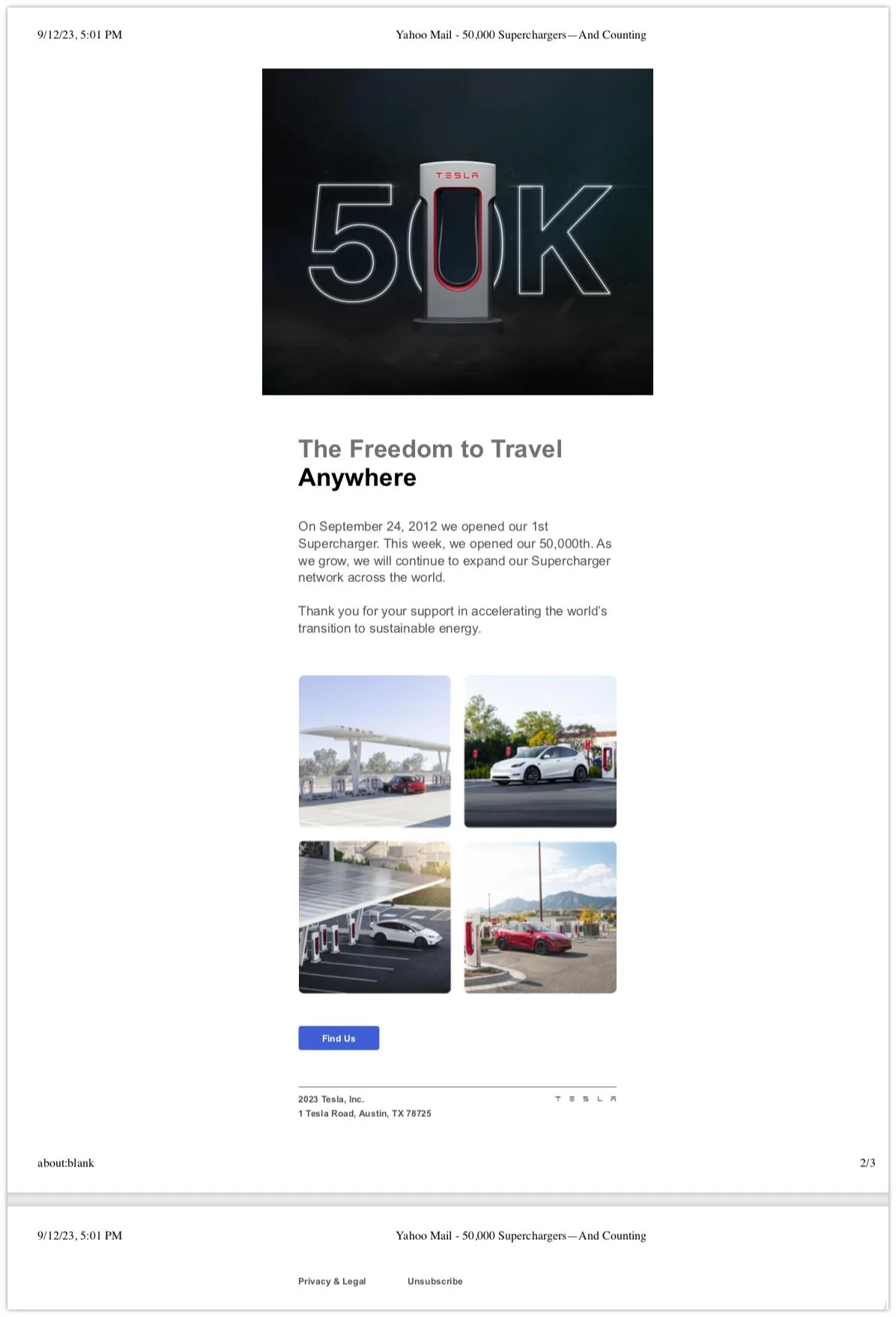 Tesla Roadster 2nd gen 50000+ Superchargers newsletter@tesla.com