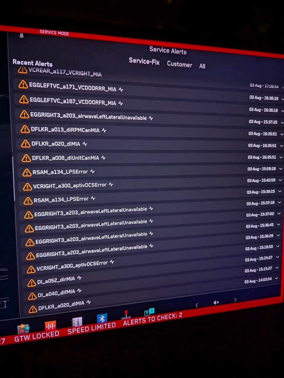 Tesla Roadster 2nd gen Service Mode Alerts - pages of recent alerts! PXL_20240805_015019111