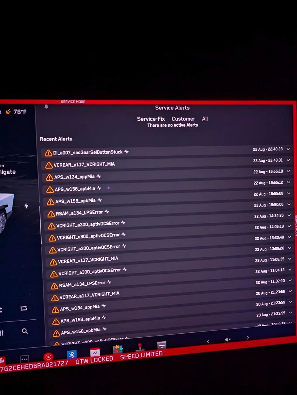 Tesla Roadster 2nd gen Service Mode Alerts - pages of recent alerts! PXL_20240823_041045473