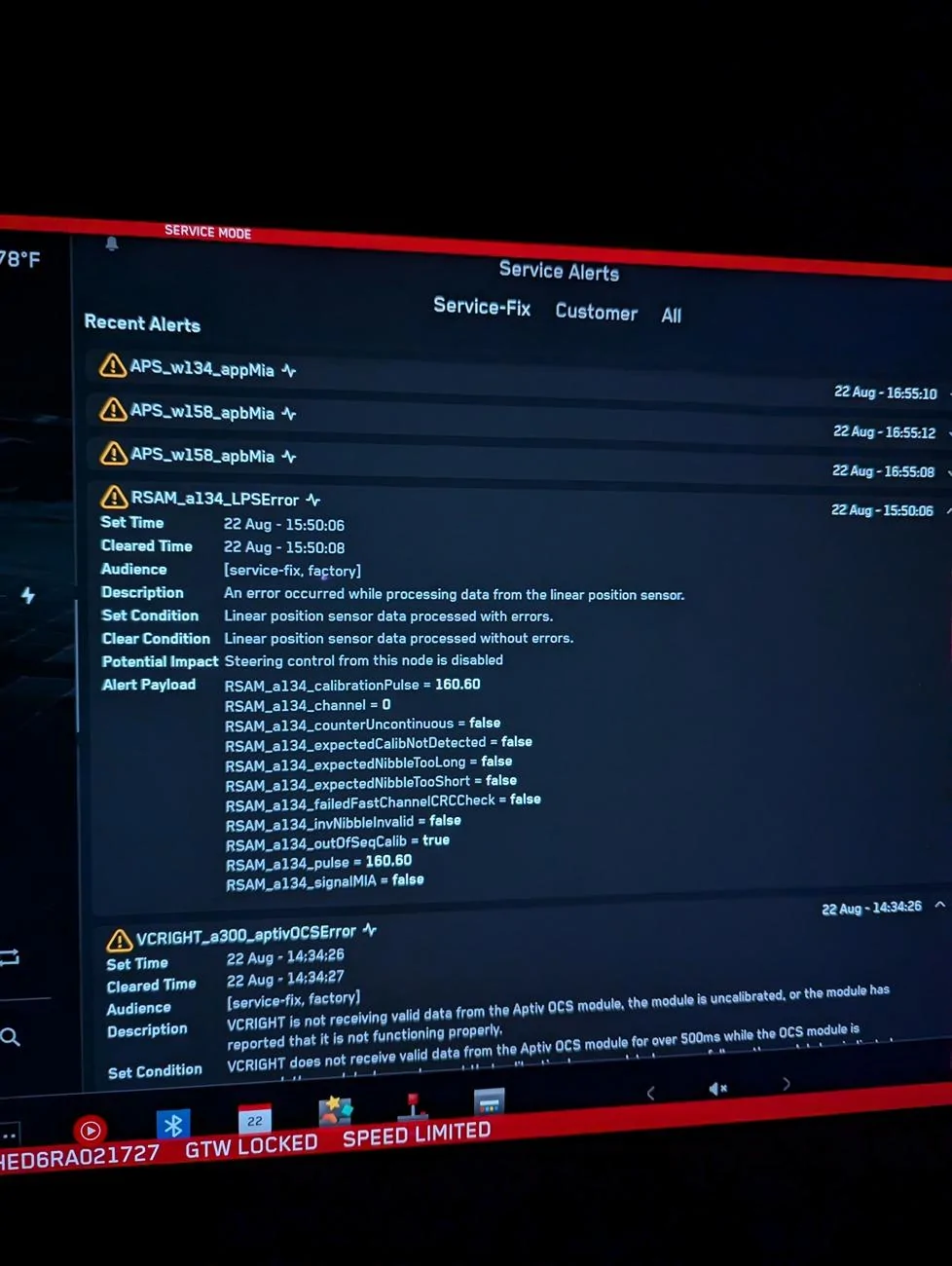 Tesla Roadster 2nd gen Service Mode Alerts - pages of recent alerts! PXL_20240823_041350876