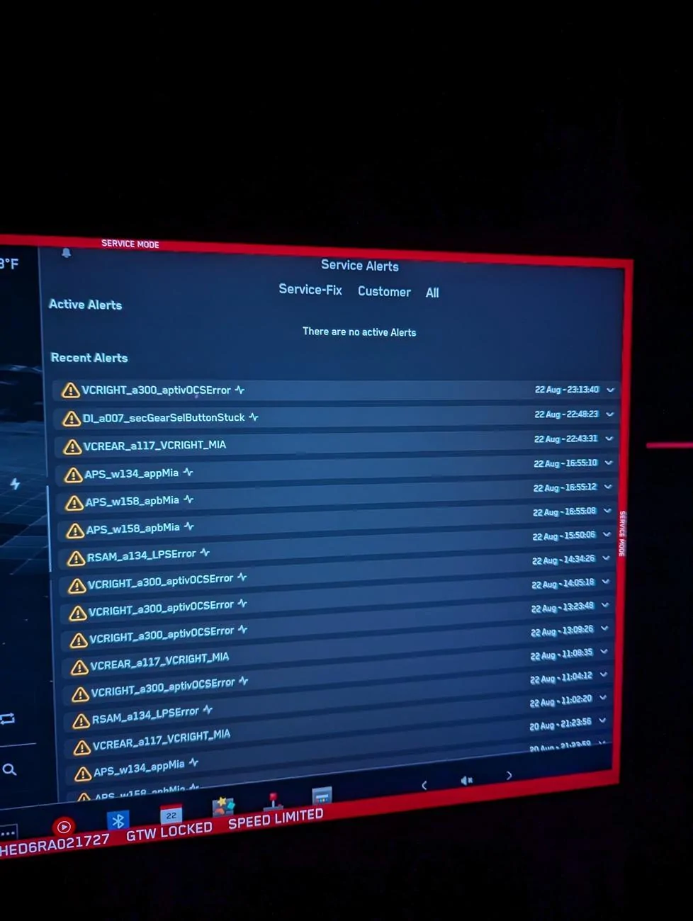 Tesla Roadster 2nd gen Service Mode Alerts - pages of recent alerts! PXL_20240823_041510849