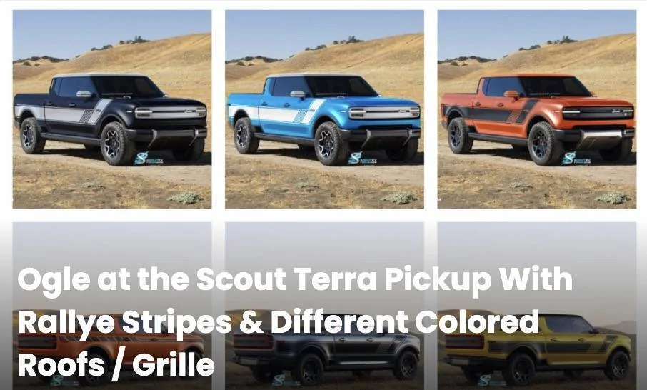 Tesla Cybertruck Official: Scout EV Pickup & SUV debut w/ Gas Range Extender, 4x4, BOF, Lockers, Sway Bar Disconnect -- All Specs, Wallpapers, Videos scout-terra-pickup-colors-stripes-jpg-jpg