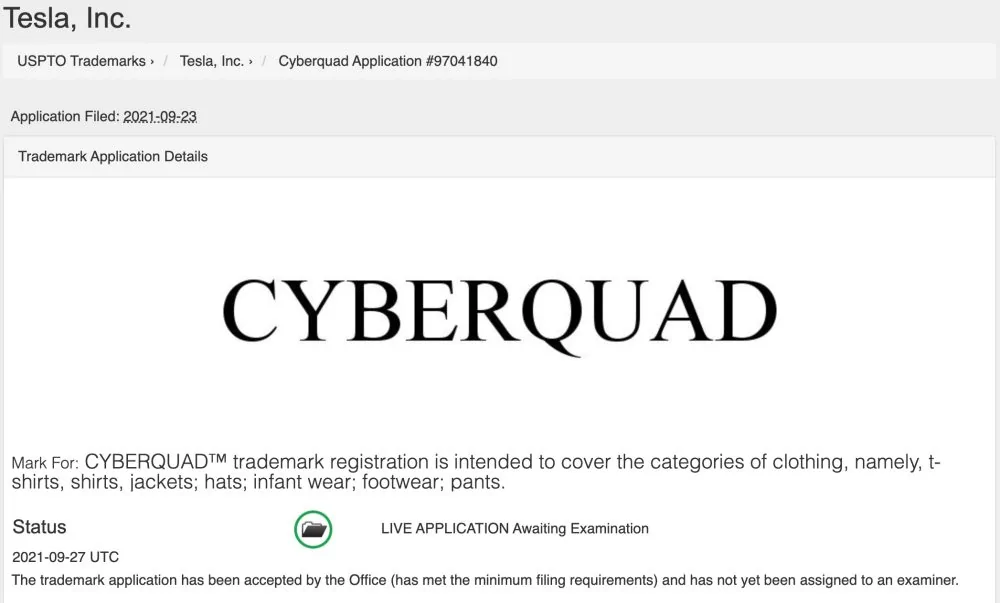 Tesla Cybertruck Tesla Cyberquad is alive, new trademark application for the electric ATV Screen-Shot-2021-09-27-at-3.06.11-PM