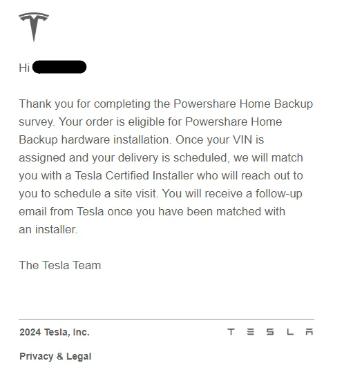 Tesla Roadster 2nd gen Powershare Home Backup eligibility email received today 1/29/24 Screenshot 2024-01-29 141213