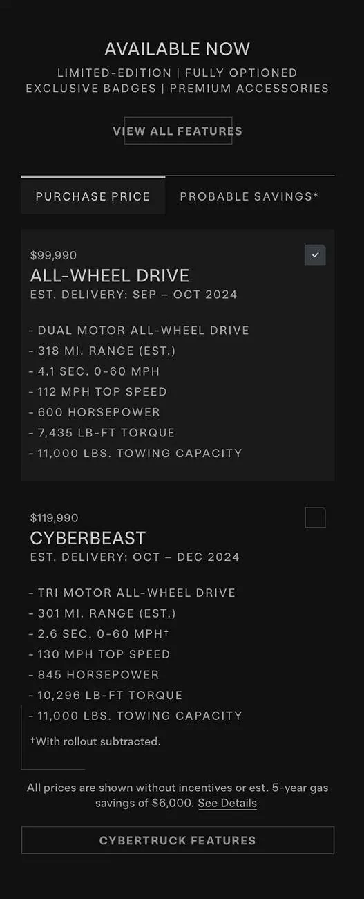 Tesla Cybertruck WTB. FS Cybertruck AWD. $90-(AWD). $110k-( BEAST) Screenshot 2024-09-20 at 10.29.26 AM