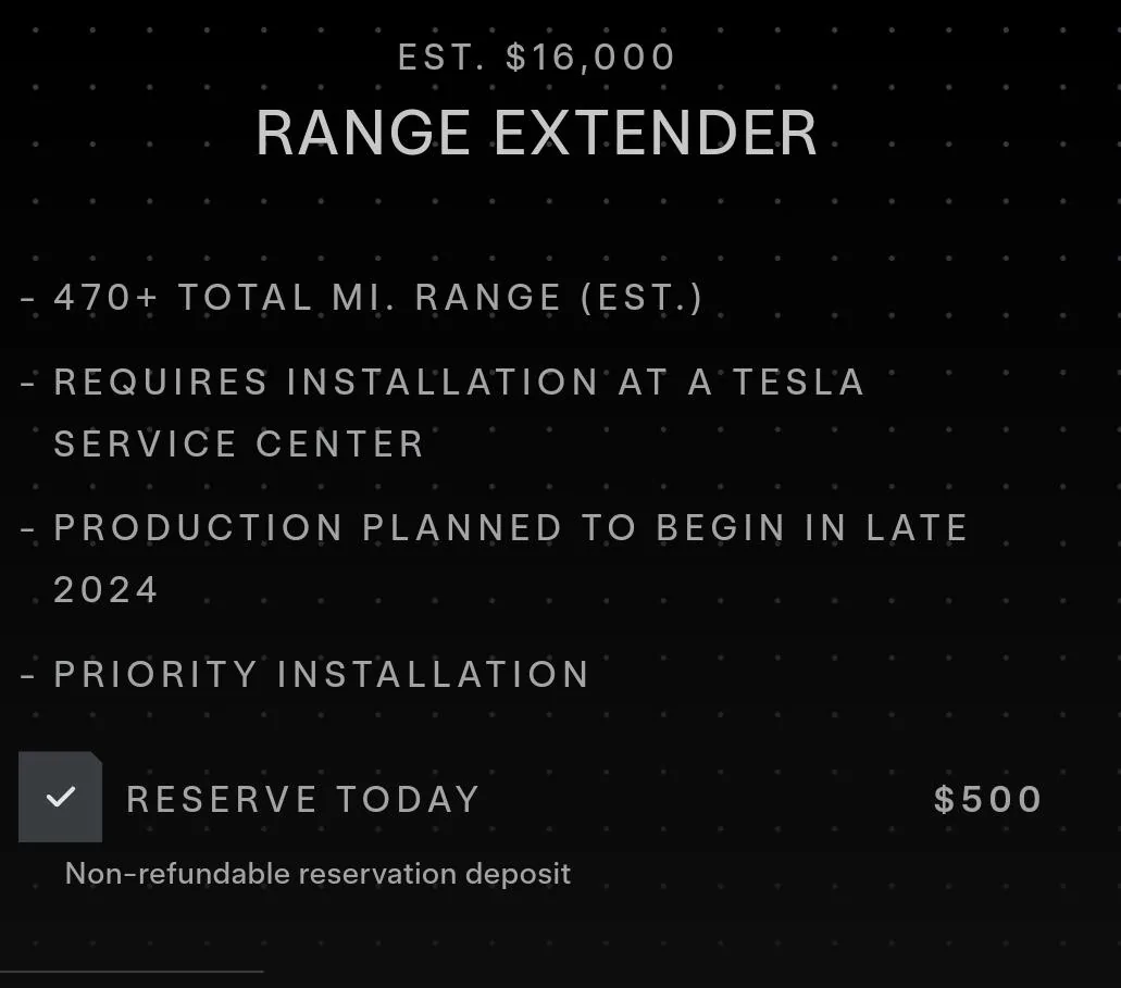 Tesla Roadster 2nd gen How do you pre-order Range Extender? SmartSelect_20240709_214726_Tesla