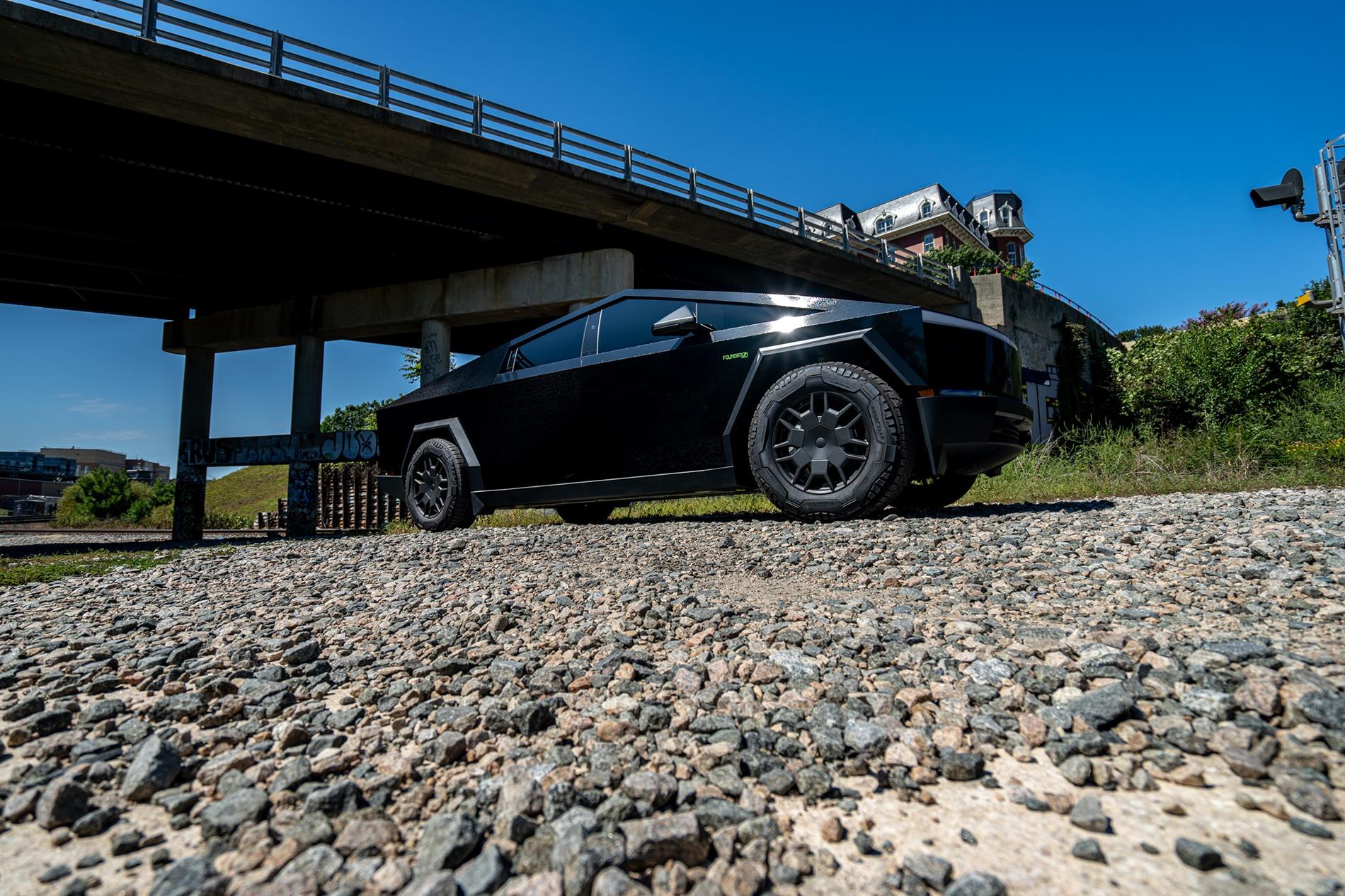 Tesla Cybertruck BLACK Vinyl Wrap & PPF Cybertruck -- Photos & Videos UPPF Black Mosaic Wrap + Lime Green Foundation Series Letters & Cyberbeast Logo 1